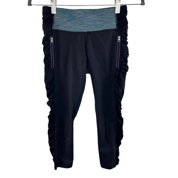 Y2K Lululemon Black Green Waist Ruched Capri Cropped Athletic Leggings Size 4 - Picture 1 of 6